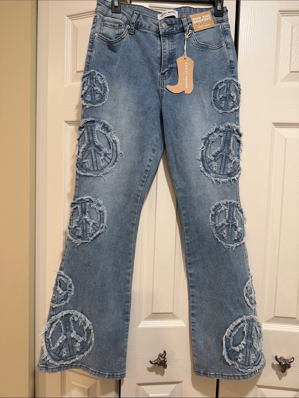 Ashley Mason Denim Flare Jeans with Frayed Peace Patch Motifs - Light Blue